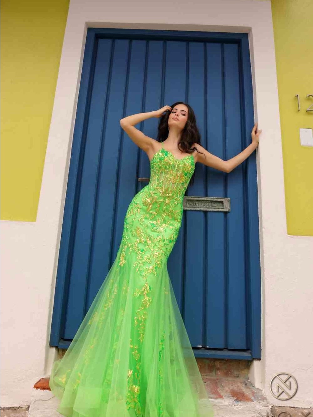 Nox Anabel Neon Green Embellished Mermaid Dress